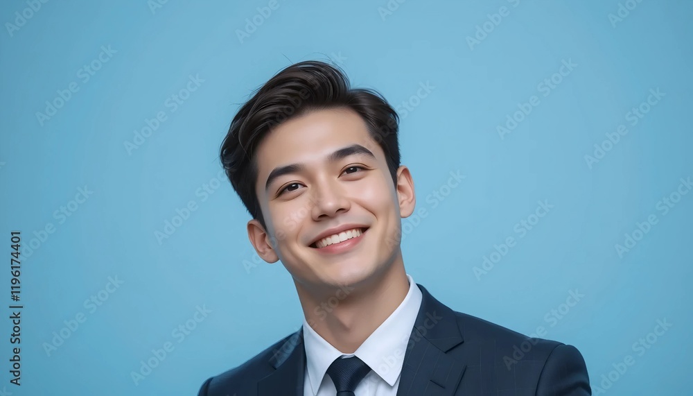 Portrait of a Smiling Young Man in Professional Attire with Bright Eyes and Warm Expression on Light Blue Background Portrait of a Smiling Young Man in Professional Attire with Bright Eyes and Warm Expression on Light Blue Background