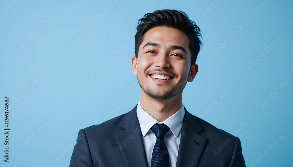 Portrait of a Smiling Young Man in Professional Attire with Bright Eyes and Warm Expression on Light Blue Background Portrait of a Smiling Young Man in Professional Attire with Bright Eyes and Warm Expression on Light Blue Background