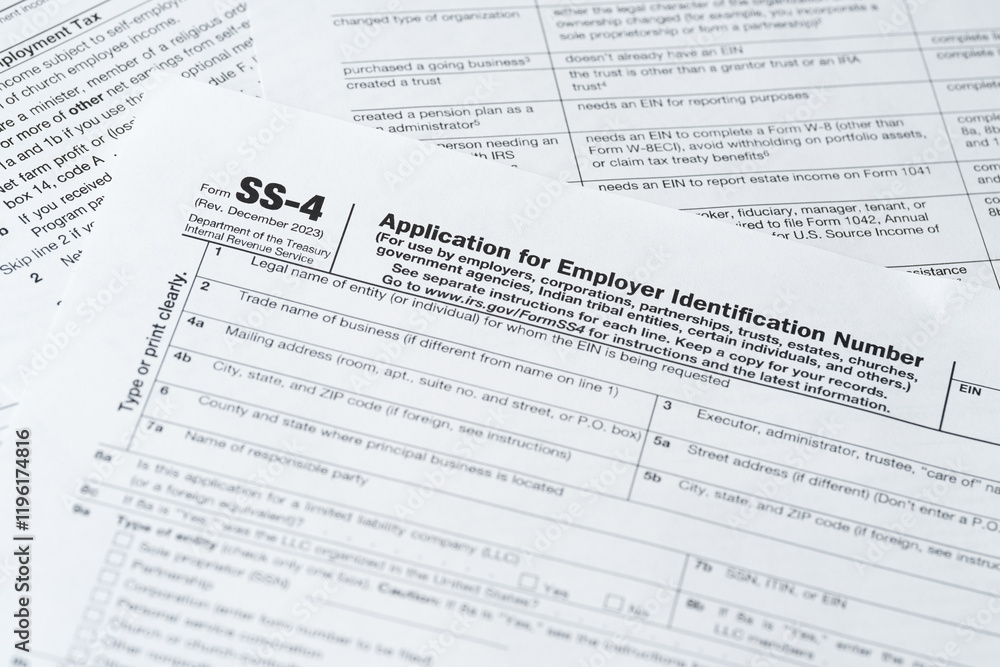 SS-4 Form, Application for Employer Identification Number, IRS Tax Document Close-Up SS-4 Form, Application for Employer Identification Number, IRS Tax Document Close-Up