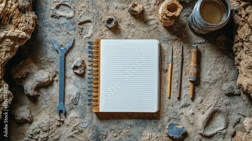 flat lay of field notebook and geological tools arranged on cave floor with fossil imprints visible photo