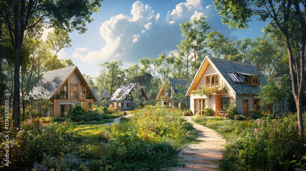 Sunny forest eco-village path, houses, nature, idyllic, homes, community, sustainable, design Sunny forest eco-village path, houses, nature, idyllic, homes, community, sustainable, design