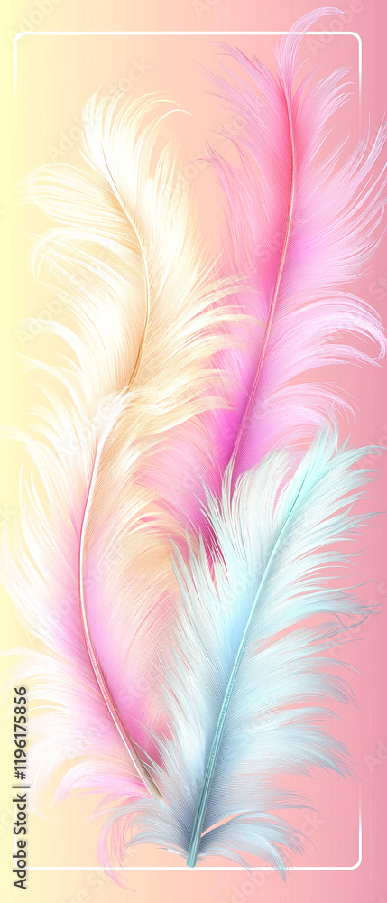 Obraz premium A colorful feathery design with pink, blue, and white feathers. The feathers are arranged in a way that creates a sense of movement and flow. Scene is one of beauty and grace
