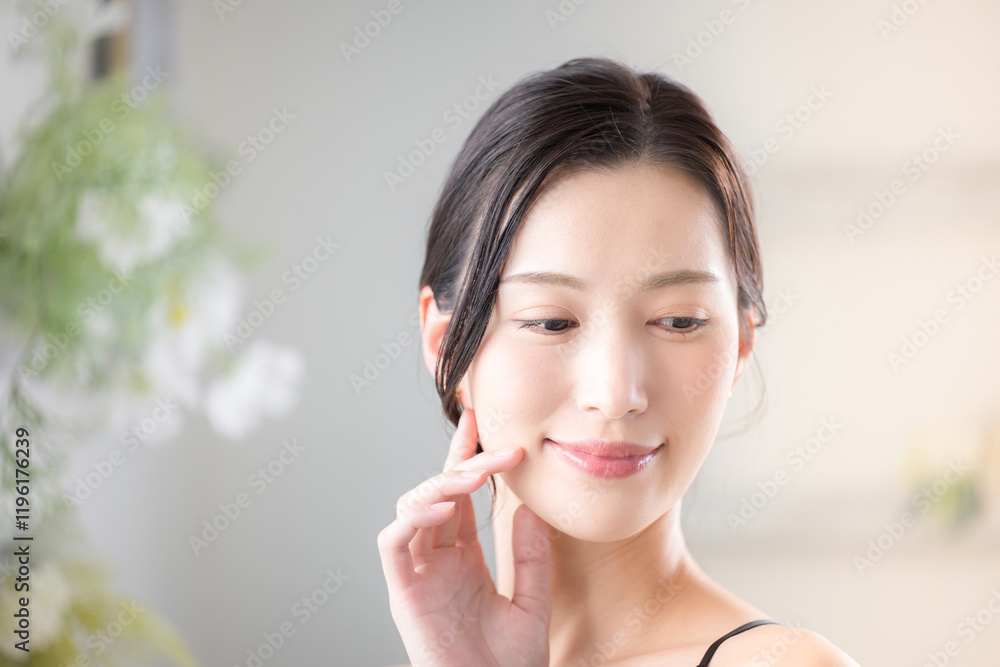 Beauty skin care close-up of a woman with a beautiful bare skin look Spring/Summer like image Beauty skin care close-up of a woman with a beautiful bare skin look Spring/Summer like image