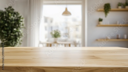 Stylish Wooden Table Displaying Natural Light in a Cozy Living Room with Lush Greenery
