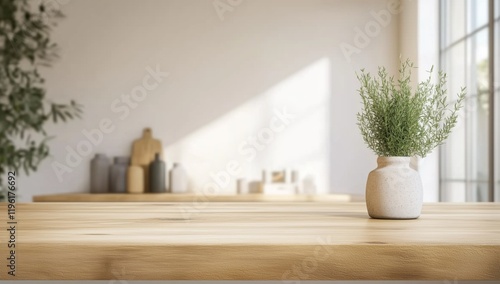 Minimalist Wooden Table Adorned with Fresh Green Plant and Natural Light Streaming Through Window
