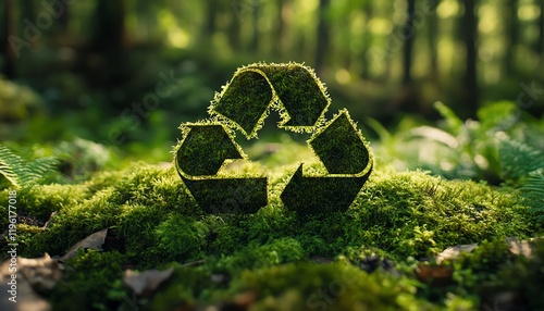 Green recycling symbol made of lush moss and plants in a vibrant forest photo