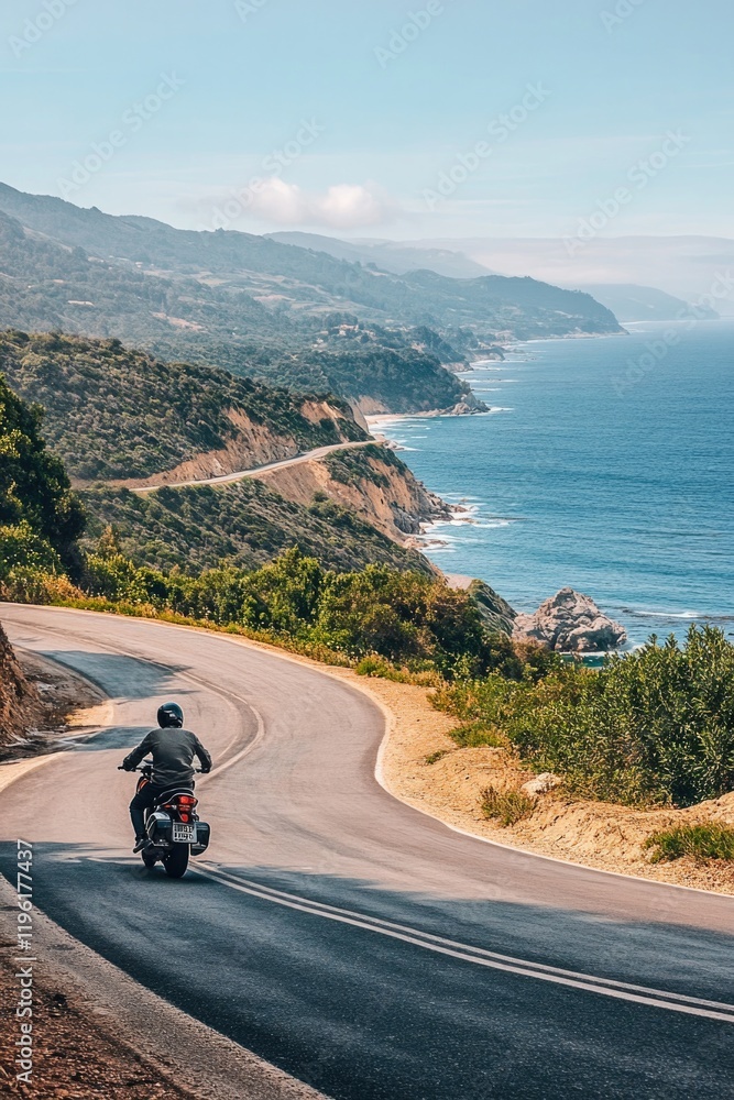 rider captured mid-turn on scooter along scenic coastal road with ocean stretching into distance rider captured mid-turn on scooter along scenic coastal road with ocean stretching into distance