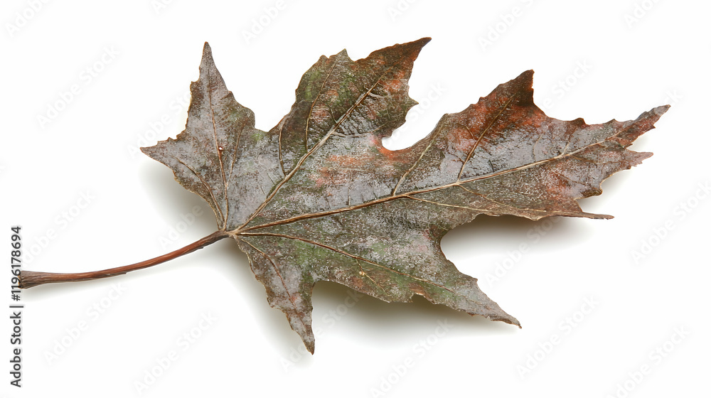 Naklejka premium Single Dried Maple Leaf on White Background, autumn leaf, fall leaf, dried leaf, single leaf, brown leaf