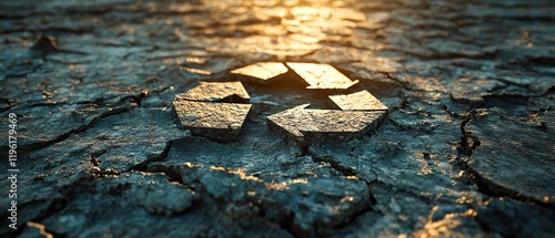 Sunlight casting through a cracked recycle symbol on rocky ground, detailed textures of cracks and stones, natural light effects, ecofriendly concept, highdefinition clarity photo