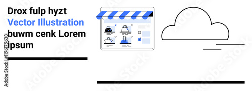 Blue and white awning over digital storefront displaying product images, customer reviews, price tags. Stylized cloud on the right. Ideal for e-commerce, online shopping, digital marketing, web