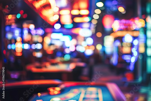 dynamic casino floor with multiple gaming tables and bright neon signs captured in vibrant ambient lighting