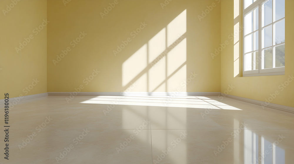 Obraz premium Sunlit Empty Room Corner with Beige Walls and Marble Floor, sunlight, sunbeams, window light, interior, design