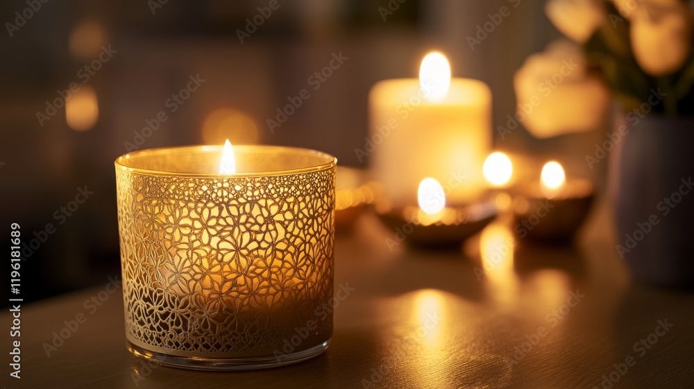 copy space image of Diwali Day. a candle on gold pattern glass copy space image of Diwali Day. a candle on gold pattern glass