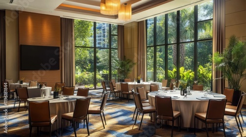 Sunlit Conference Room with Lush Greenery Views