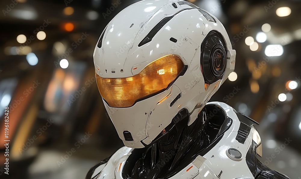 Fototapeta premium Futuristic white robot helmet close-up.
