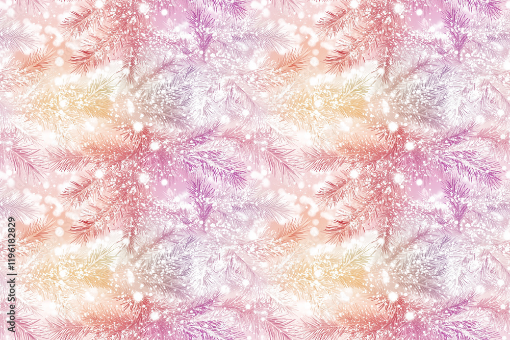 Fototapeta premium A colorful pattern of snowflakes and pine trees. The snowflakes are pink and white, and the pine trees are also pink and white. Scene is cheerful and festive