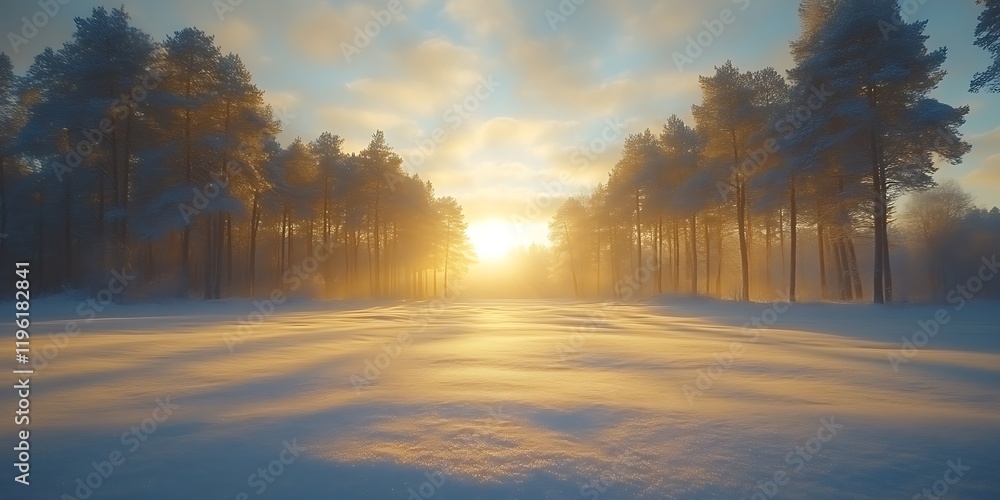 Naklejka premium Sunlit snowy forest at sunset. (1)