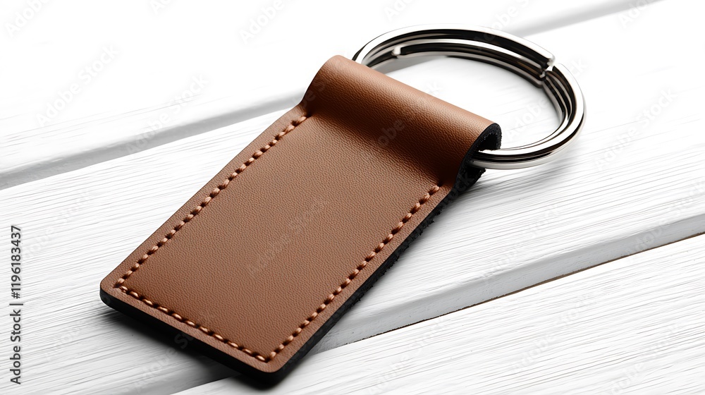 Brown Leather Keychain on White Wooden Surface Brown Leather Keychain on White Wooden Surface