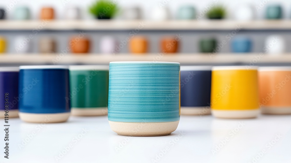 Colorful ceramic cups arranged on a table with a blurred background of shelves and plants Colorful ceramic cups arranged on a table with a blurred background of shelves and plants