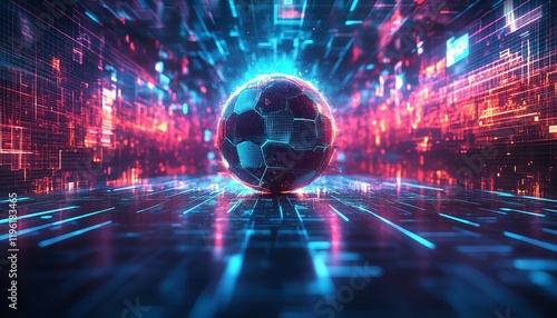 Futuristic cyber sport environment with a glowing football ball in the center photo