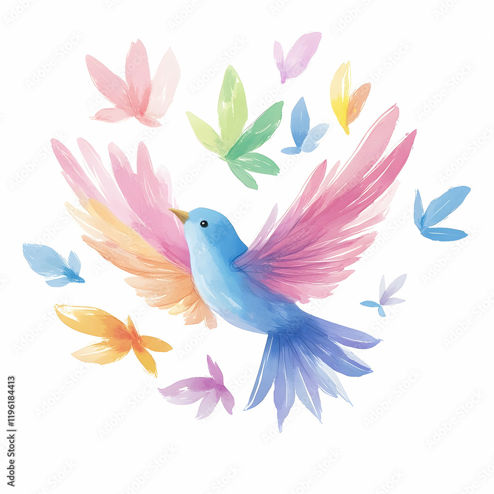 Obraz premium Colorful Watercolor Bird in Flight with Flowers and Butterflies, painting, illustration, vibrant, wings, flying