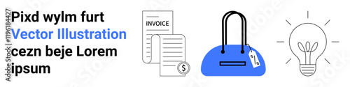 Invoices beside a purse with a price tag, and a glowing light bulb representing ideas. Ideal for business, finance, shopping, innovation, creative thinking, entrepreneurship online stores. Landing