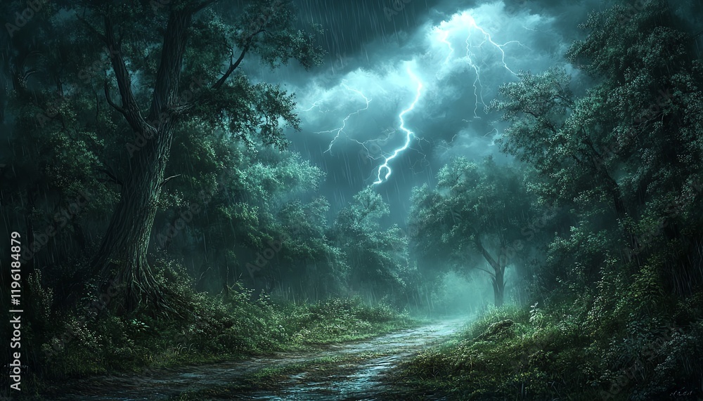 Road in a lush forest surrounded by towering trees Road in a lush forest surrounded by towering trees
