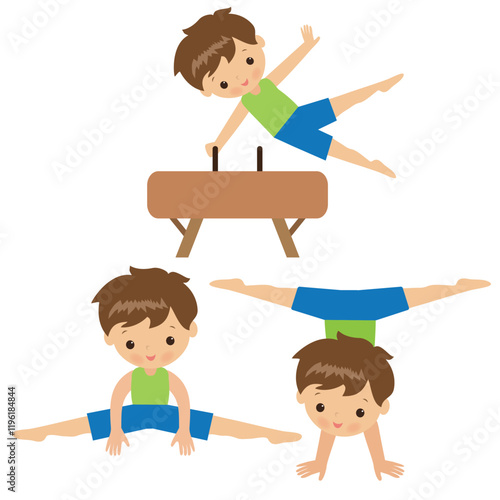 Cute little boy gymnast vector cartoon illustration