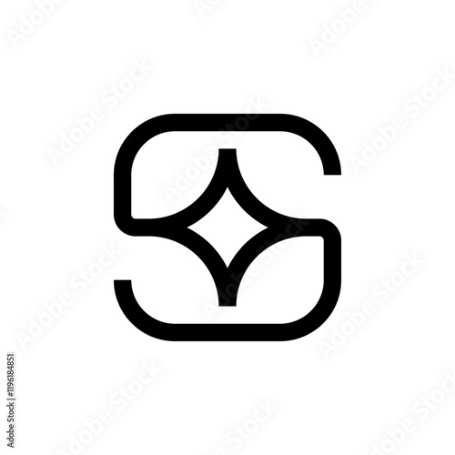 Letter s and star or light or spark logo. Modern style in black color.