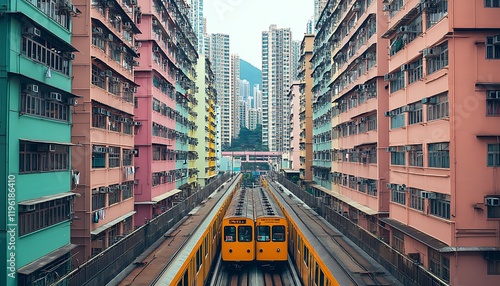 Colorful Hong Kong Buildings Train Track Cityscape Photo