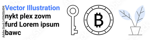 Key illustration, Bitcoin symbol in a circular frame, potted plant with leaves. Ideal for finance, technology, security, cryptocurrency, minimalism, nature, digital assets. Landing page