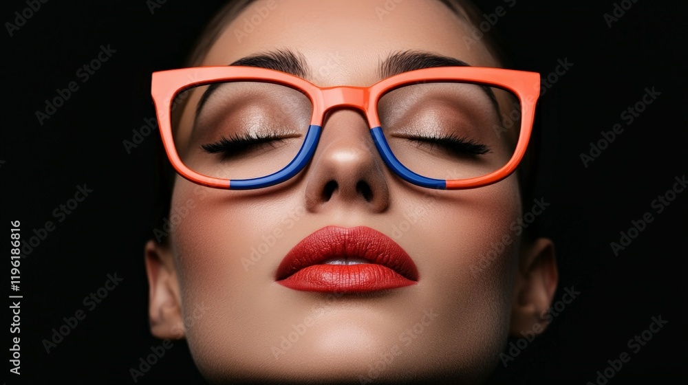 Chic Eyeglasses: A close-up portrait of a woman's face with closed eyes, showcasing stylish, colorful eyeglasses in a striking, bold design. Chic Eyeglasses: A close-up portrait of a woman's face with closed eyes, showcasing stylish, colorful eyeglasses in a striking, bold design.