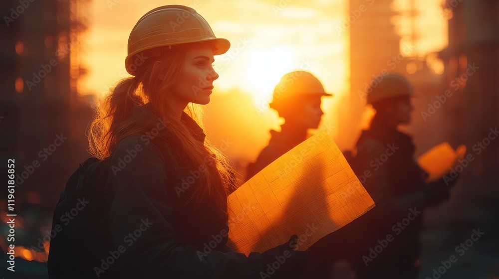 Construction Workers Collaborating on Blueprints During a Beautiful Sunset at a Building Site. Construction Workers Collaborating on Blueprints During a Beautiful Sunset at a Building Site.
