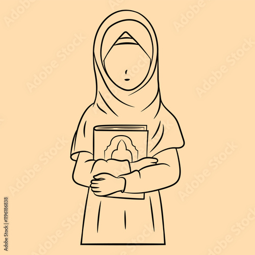 Muslim girl in hijab holding the Koran. Thin line illustration.