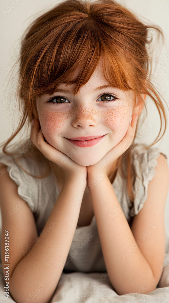 Cheerful red hair tween girl smiling brightly charming freckles joy natural beauty close-up portrait soft lighting childhood, lifestyle positive emotion cozy lively fun lovely relax warm studio Cheerful red hair tween girl smiling brightly charming freckles joy natural beauty close-up portrait soft lighting childhood, lifestyle positive emotion cozy lively fun lovely relax warm studio