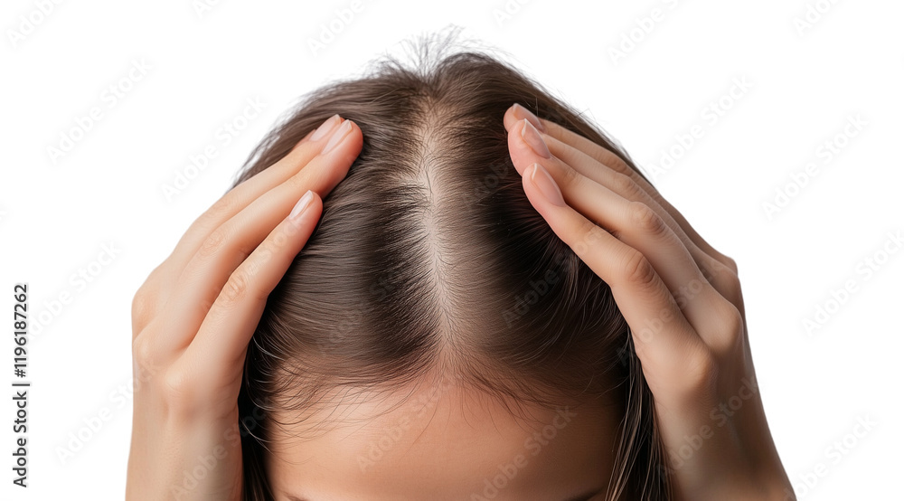 PNG, Hair loss concept, woman's head with problem areas of baldness, isolated on white background, generated by Generative AI technology.