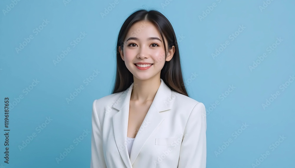 Close Up Portrait of a Young Woman in White Professional Suit with Radiant Smile and Warm Expression on Light Blue Background Close Up Portrait of a Young Woman in White Professional Suit with Radiant Smile and Warm Expression on Light Blue Background