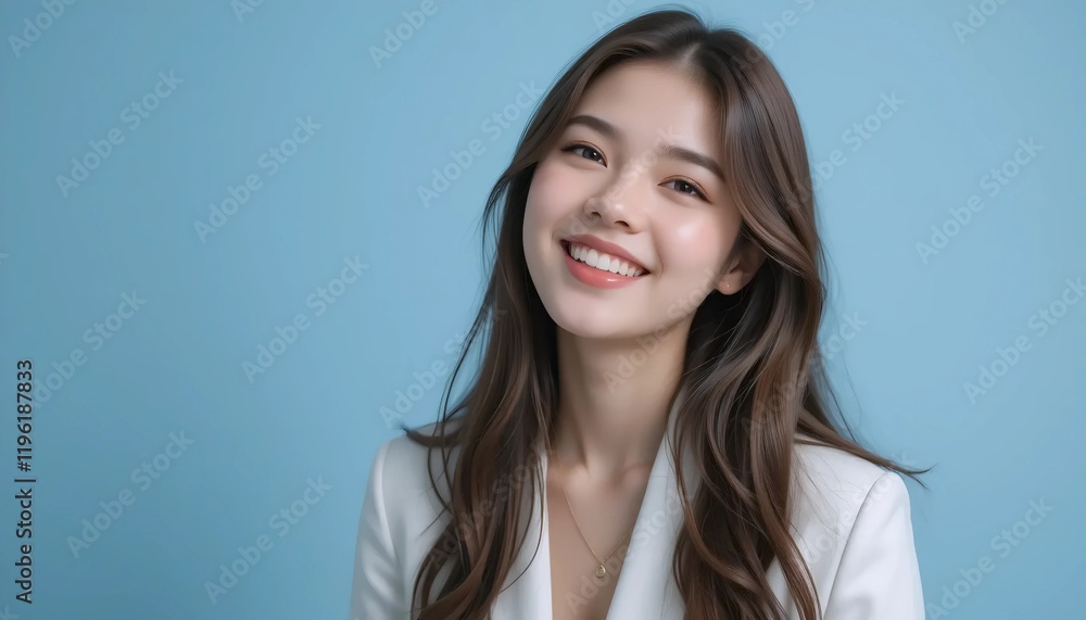 Close Up Portrait of a Young Woman in White Professional Suit with Radiant Smile and Warm Expression on Light Blue Background Close Up Portrait of a Young Woman in White Professional Suit with Radiant Smile and Warm Expression on Light Blue Background