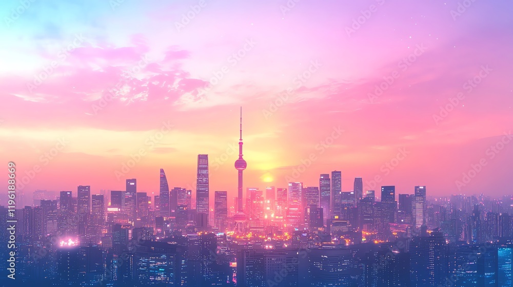 Obraz premium Dreamy Pink Skyline: Shanghai Cityscape at Sunrise