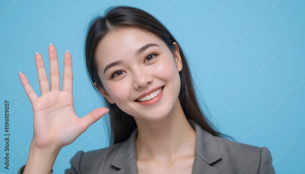 Close Up Portrait of a Young Woman in White Professional Suit with Radiant Smile and Warm Expression on Light Blue Background Close Up Portrait of a Young Woman in White Professional Suit with Radiant Smile and Warm Expression on Light Blue Background