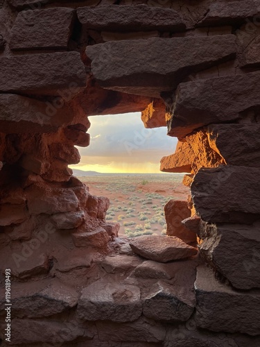 Sunset view through ancient stone ruins