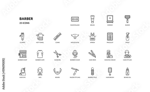 barber hair stylish grooming beauty masculine outline line icon set