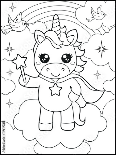 Superhero Unicorn Coloring Page for Kids. A Fun and Printable Black and White Activity Sheet for Kindergarten.
