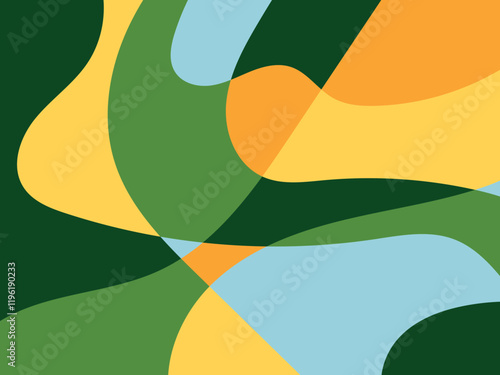Abstract multicolored organic mosaic illustration design background. Nature colors theme: Yellow, Orange, green, jeans blue. Sustainability theme.