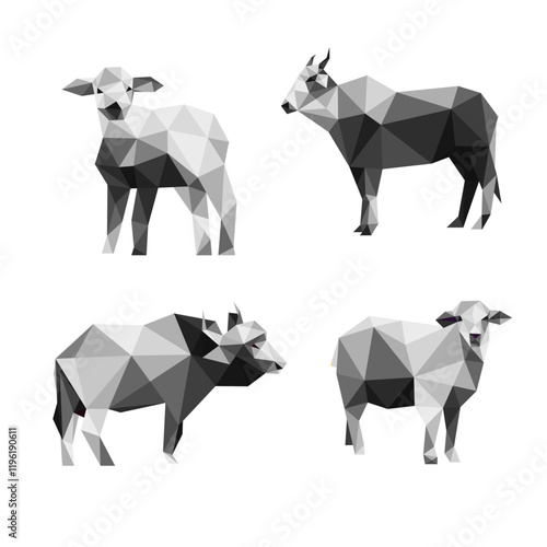 Animal livestock in monochrome color polygon vector. Grayscale polygonal low poly vector of livestock animal. Sheep, goat, cow, buffalo in monochrome vector illustration