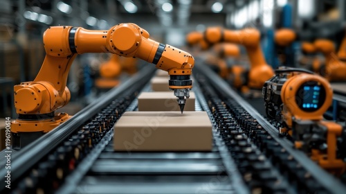 Robotic Arms Assembling Packages on a Conveyor Belt in a Factory Setting Efficiently. photo