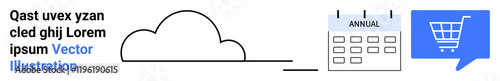 Cloud storage icon, calendar with annual text, and shopping cart symbol. Ideal for cloud services, storage solutions, e-commerce, online shopping, subscriptions, annual plans, digital transactions