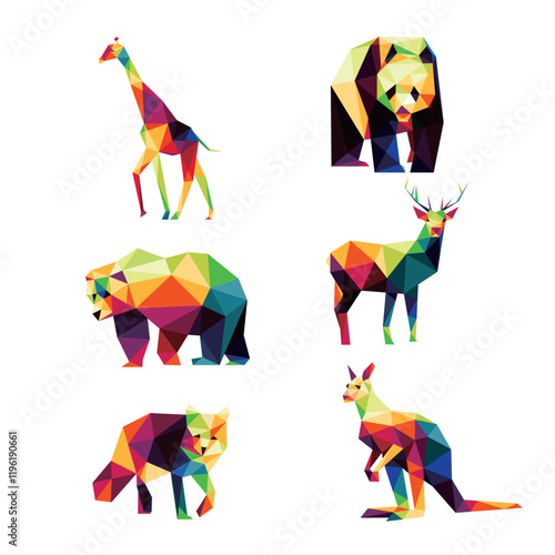 Wild Animal Set in Colorful Polygonal low poly. Colorful abstract Icon Vector. giraffe panda bear deer fox kangaroo in colorful low poly