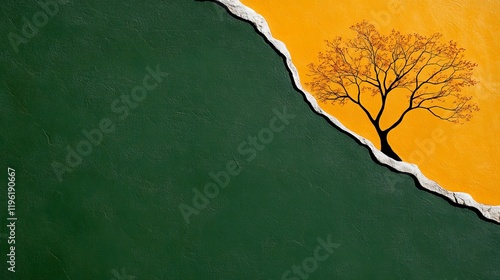 Solitary Silhouette: A stark silhouette of a tree stands alone against a vibrant, contrasting background of green and orange.