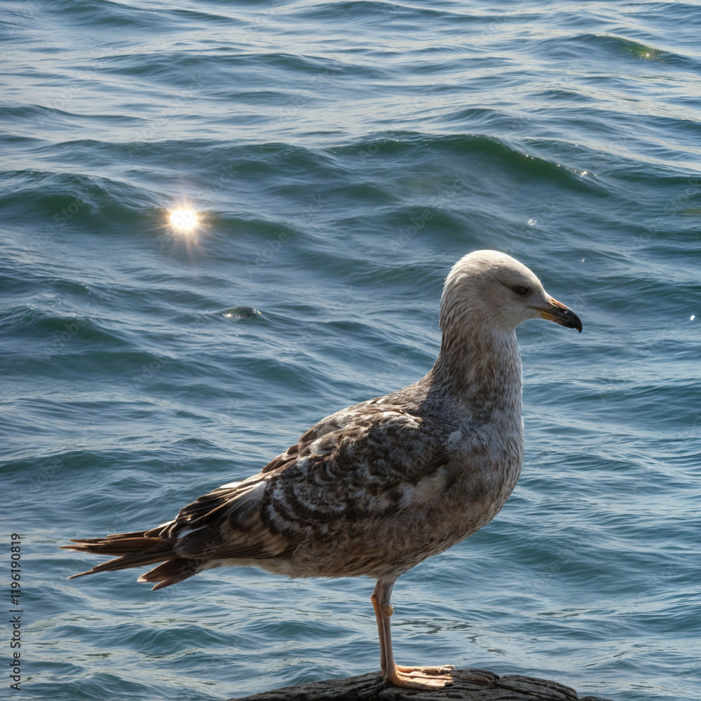 Fototapeta premium Seagull on the Black Sea. European herring gull Larus argentatus. Istanbul 2013. Photo of bird in nature enhanced with AI